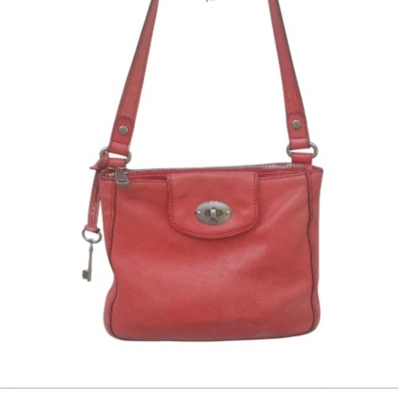 Fossil Red/Orange Leather Shoulder Bag Key Charm, Flawed - Picture 1 of 13